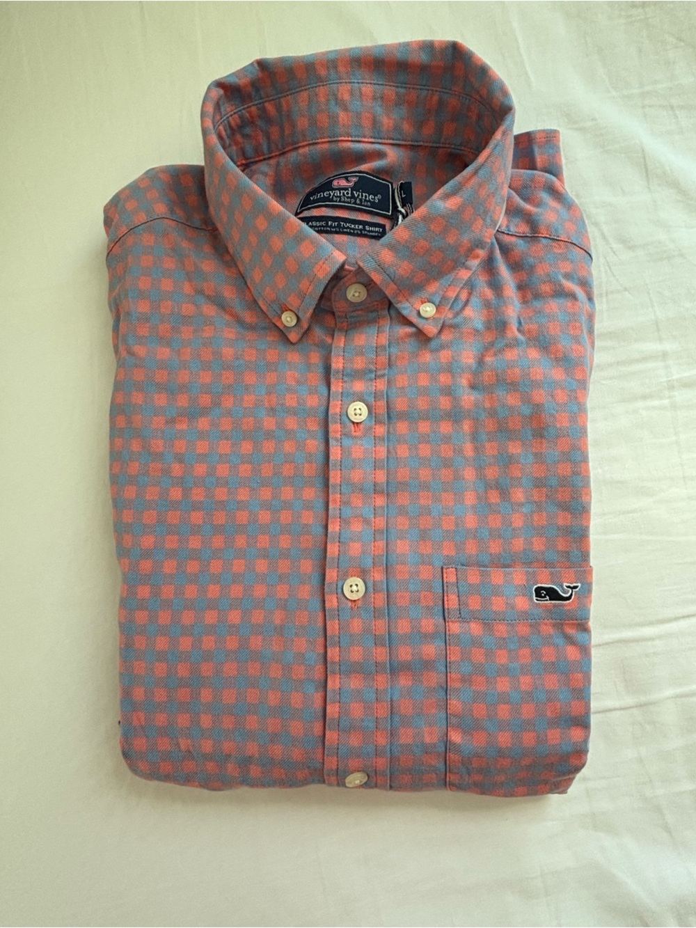 Vineyard Vines Coral Pink and Light Blue Gingham Button-Down Shirt.